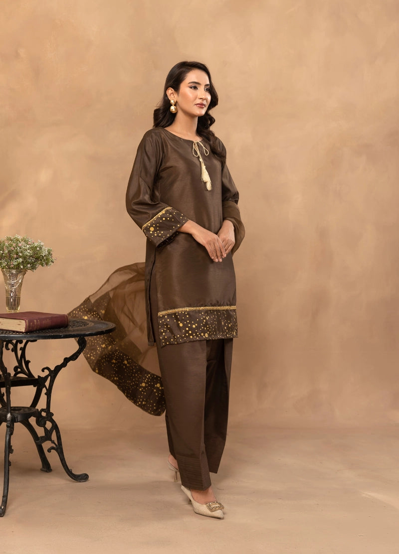 Firdous Eid Raw Silk Brown Suit With Farshi Salwar and Net Dupatta - Desi Posh