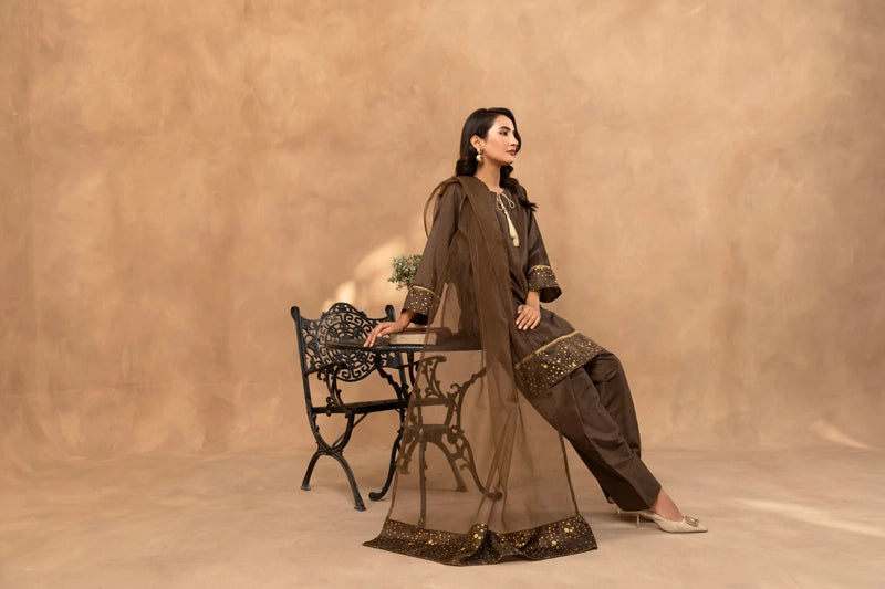 Firdous Eid Raw Silk Brown Suit With Farshi Salwar and Net Dupatta - Desi Posh