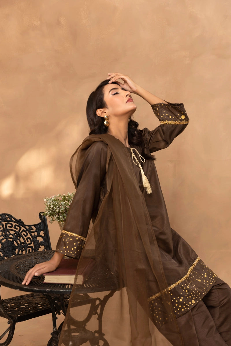 Firdous Eid Raw Silk Brown Suit With Farshi Salwar and Net Dupatta - Desi Posh