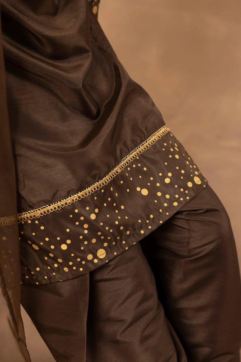 Firdous Eid Raw Silk Brown Suit With Farshi Salwar and Net Dupatta - Desi Posh