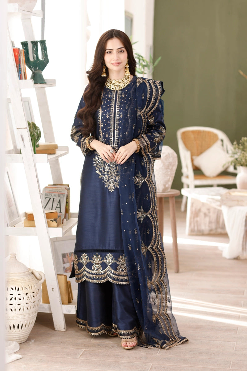 Heer Luxe Premium Raw Silk Eid Collection 3 Piece Suit Blue D4