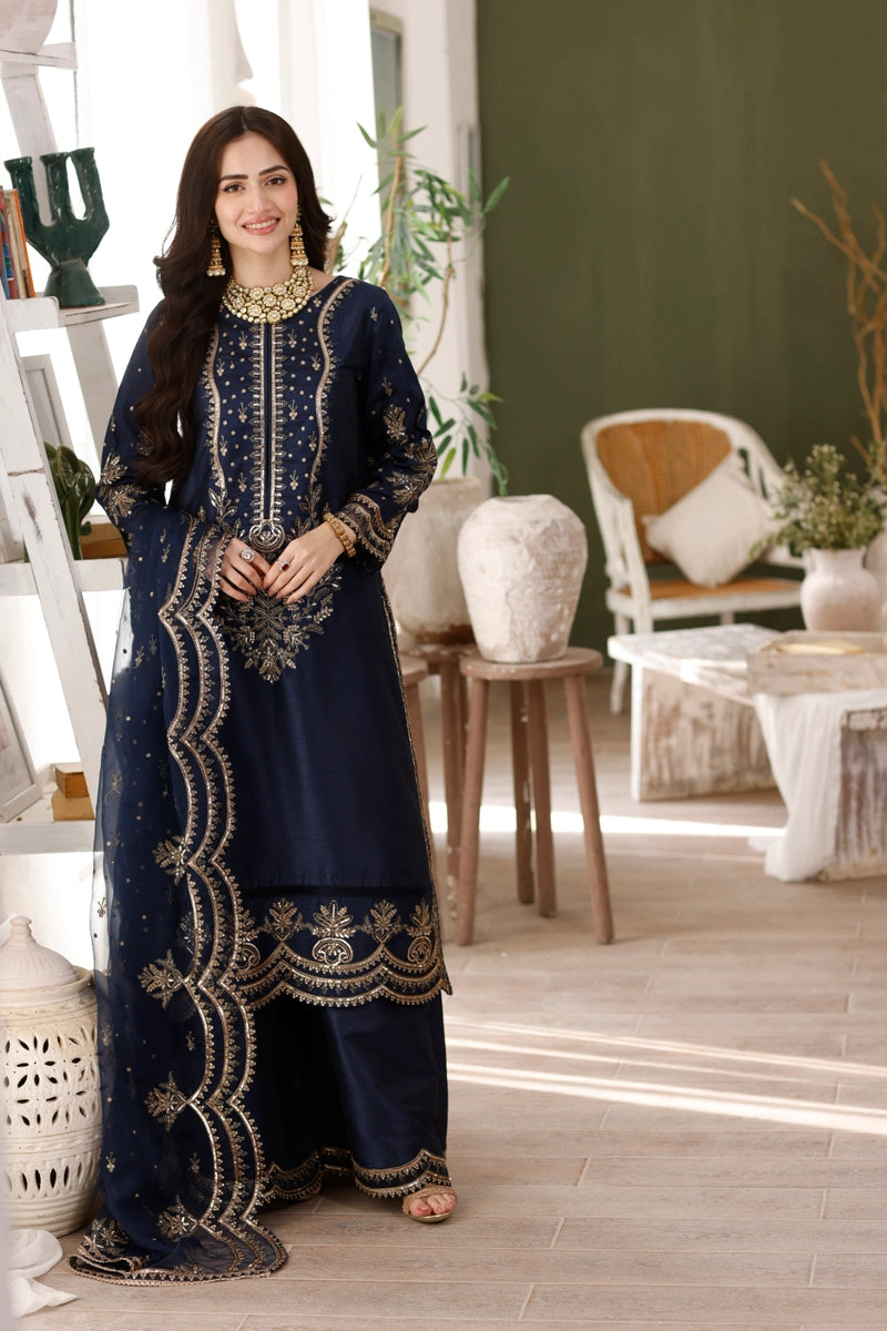 Heer Luxe Premium Raw Silk Eid Collection 3 Piece Suit Blue D4