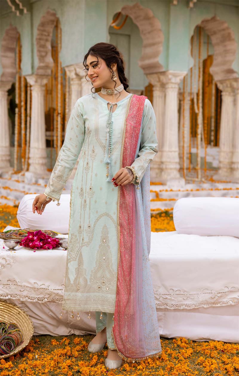 Ally's Chunri Collection Cotton Lawn Eid Suit Mint AL864 - Desi Posh