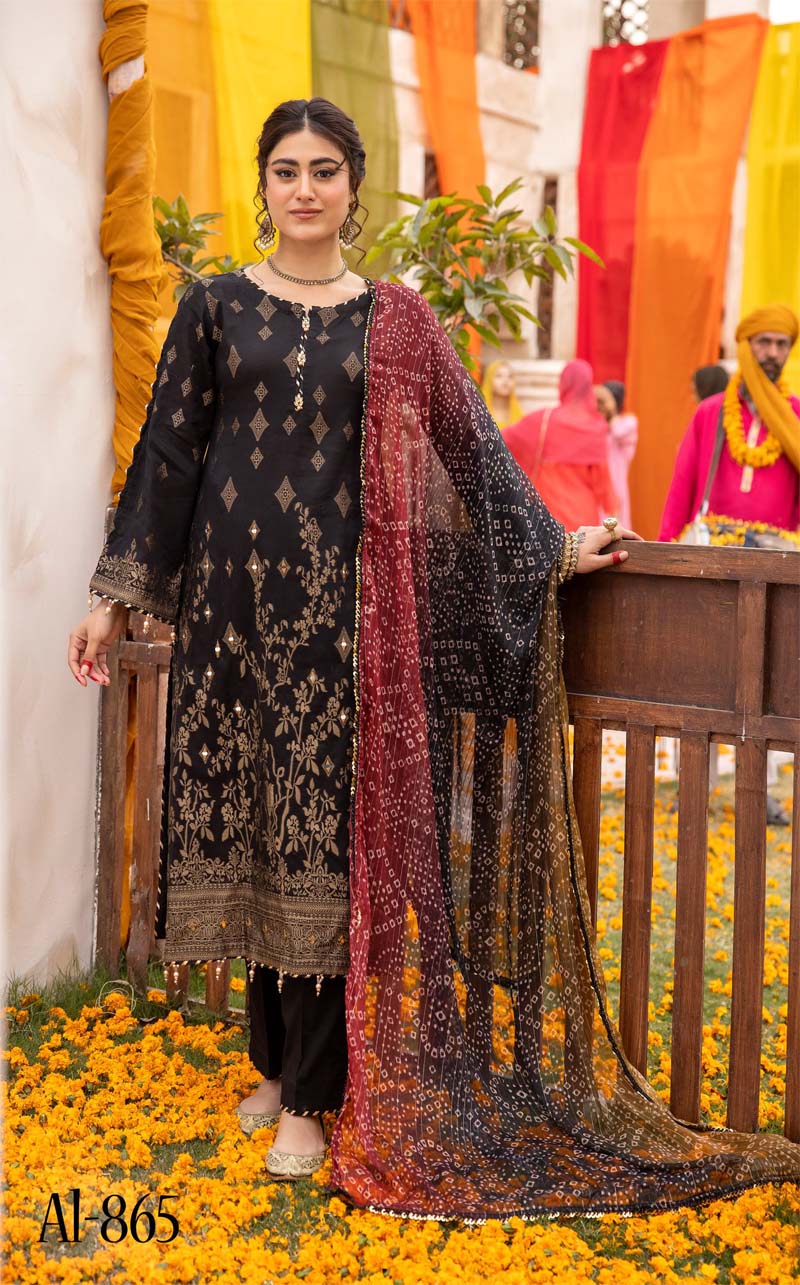 Ally's Chunri Collection Cotton Lawn Eid Suit Black AL865 - Desi Posh