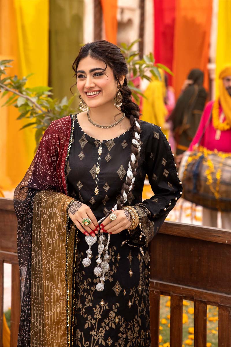 Ally's Chunri Collection Cotton Lawn Eid Suit Black AL865 - Desi Posh