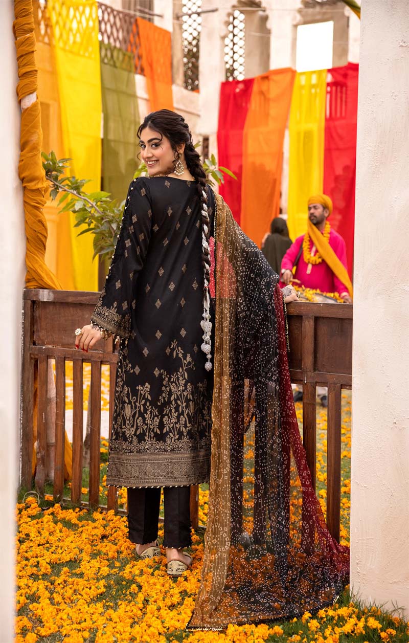 Ally's Chunri Collection Cotton Lawn Eid Suit Black AL865 - Desi Posh