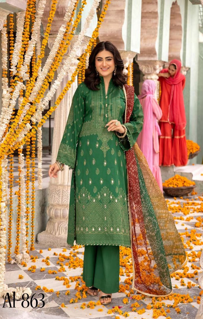 Ally's Chunri Collection Cotton Lawn Eid Suit Green AL863 - Desi Posh