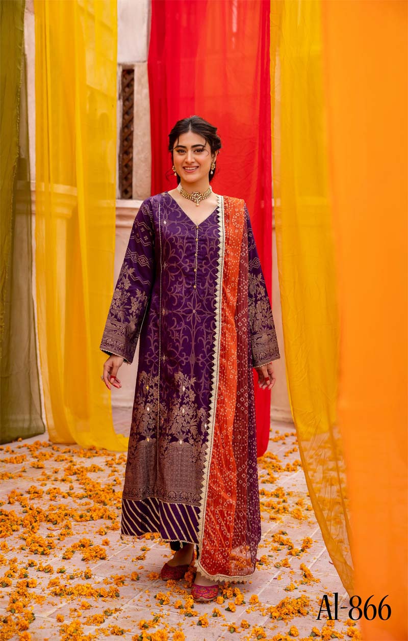 Ally's Chunri Collection Cotton Lawn Eid Suit Purple AL866 - Desi Posh