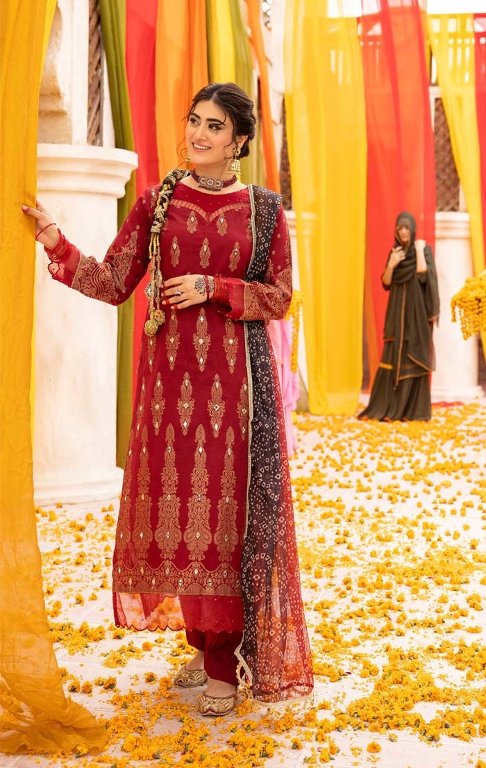 Ally's Chunri Collection Cotton Lawn Eid Suit Maroon AL867 - Desi Posh