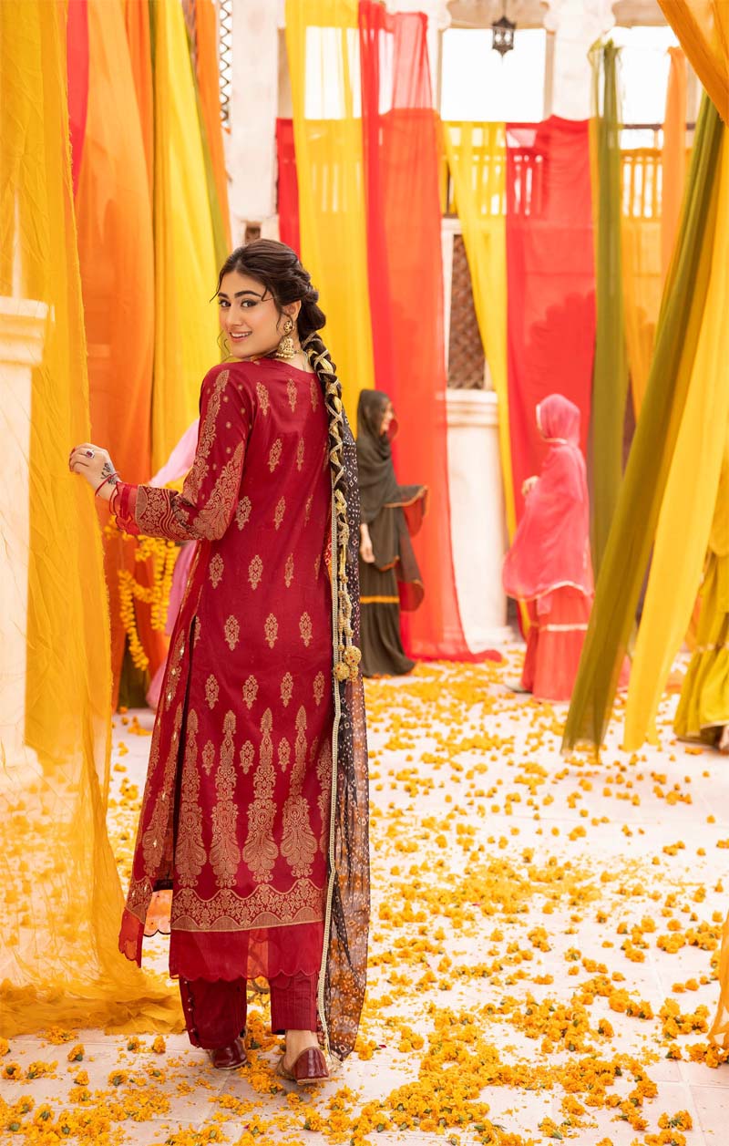 Ally's Chunri Collection Cotton Lawn Eid Suit Maroon AL867 - Desi Posh