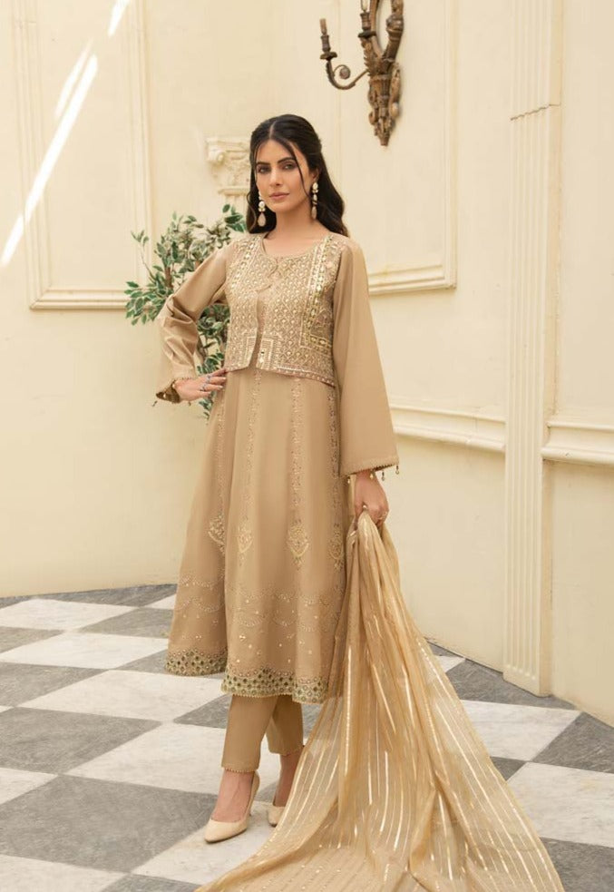 Ethnic inspired Waistcoat Style 3 Piece Eid Outfit With Net Dupatta - Desi Posh