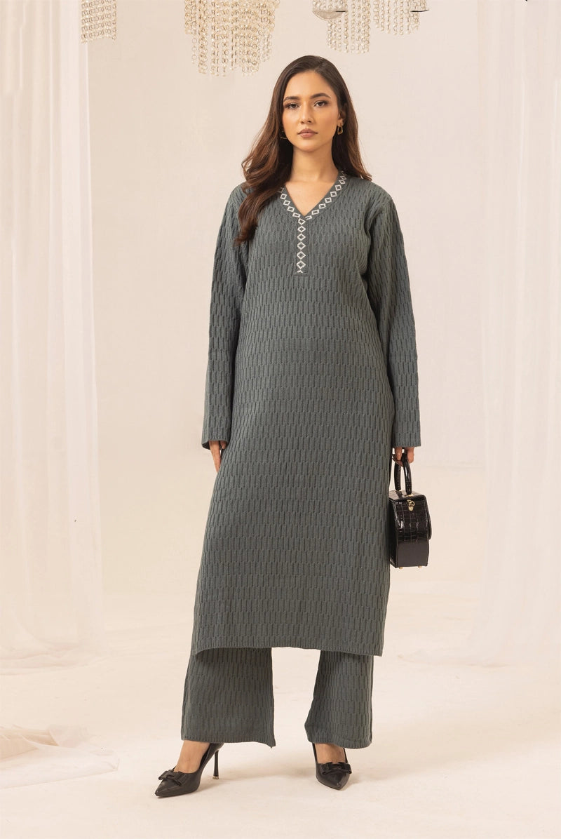 Aisha Knitted Exclusive Long Co ord Set Sage Grey