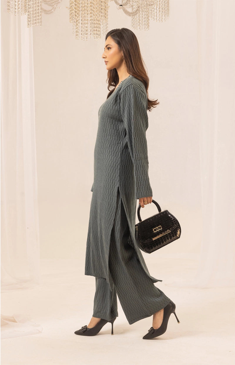 Aisha Knitted Exclusive Long Co ord Set Sage Grey