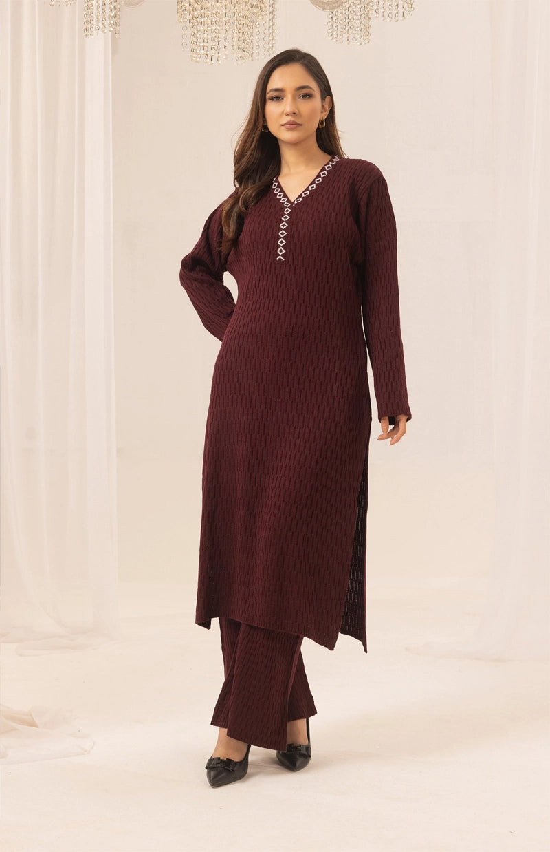 Aisha Knitted Exclusive Long Co ord Set Maroon