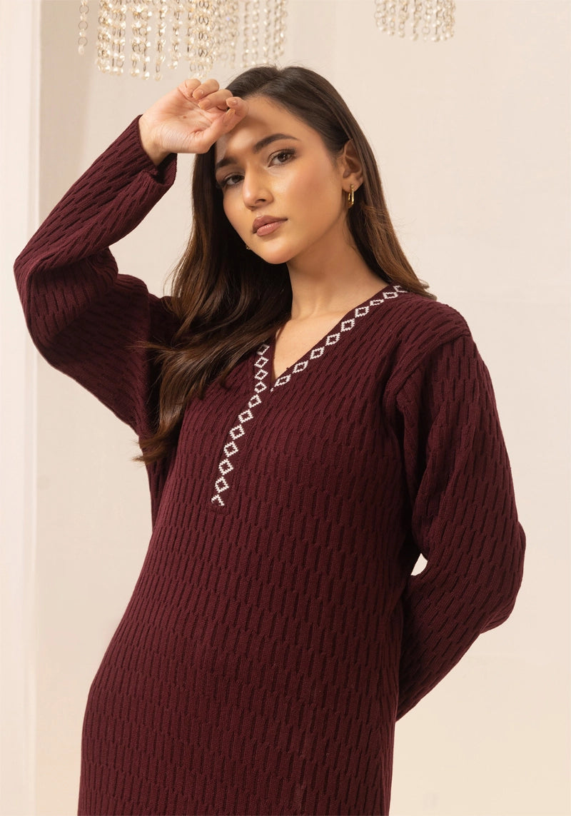 Aisha Knitted Exclusive Long Co ord Set Maroon