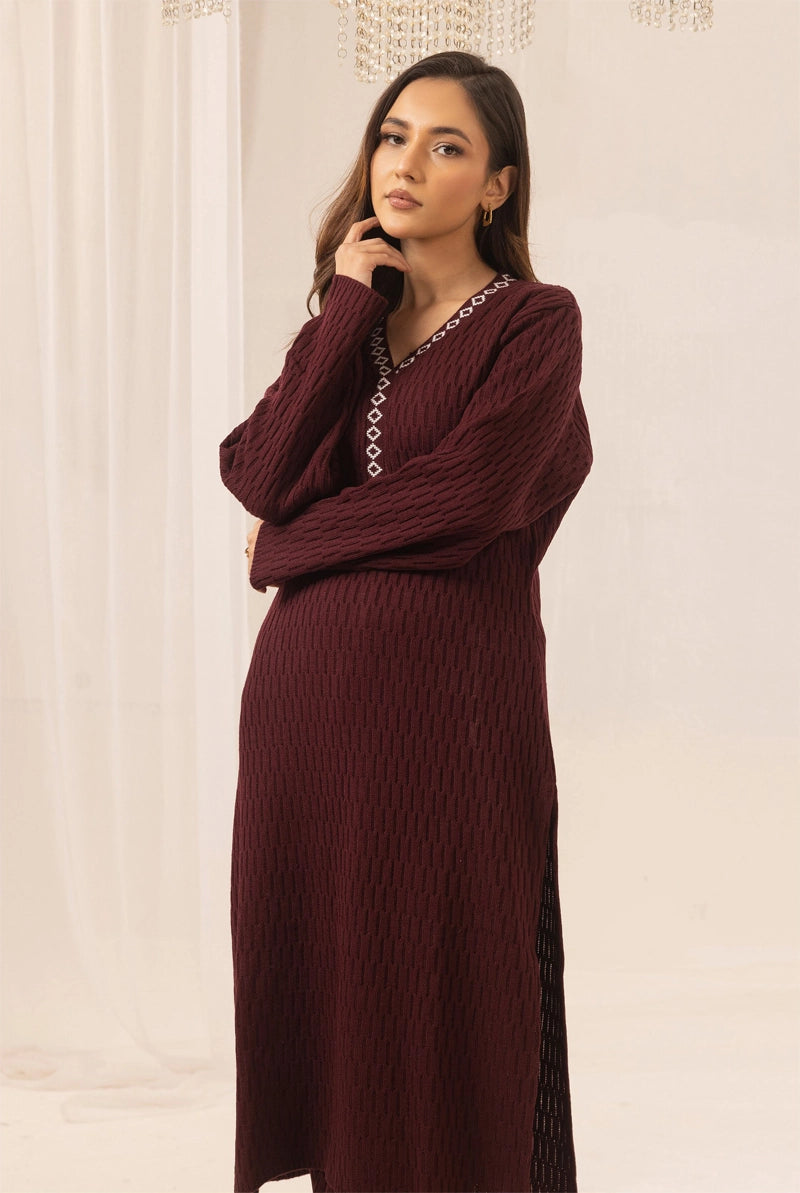 Aisha Knitted Exclusive Long Co ord Set Maroon