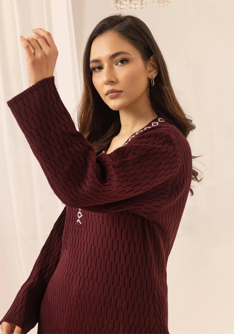 Aisha Knitted Exclusive Long Co ord Set Maroon