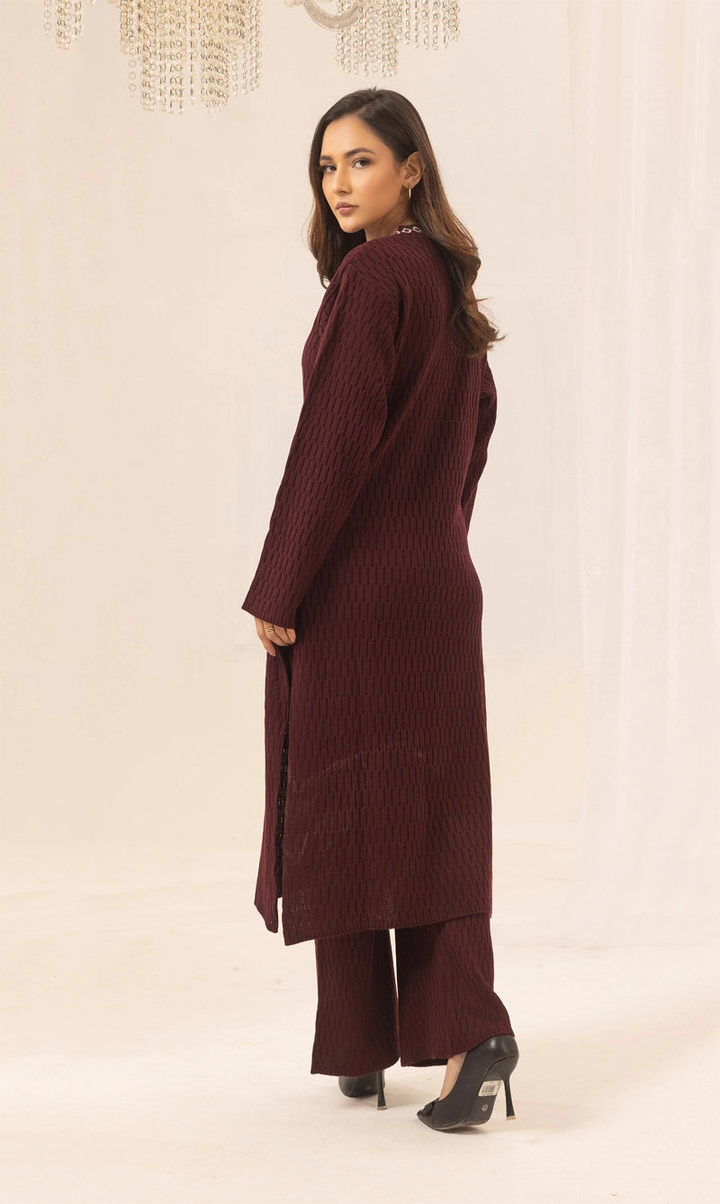 Aisha Knitted Exclusive Long Co ord Set Maroon