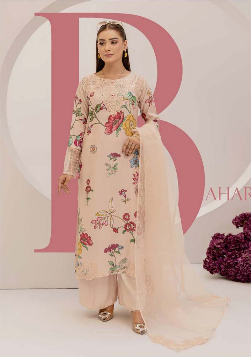 Bahar Floral Linen Suit With Embroidered Net Dupatta DG08