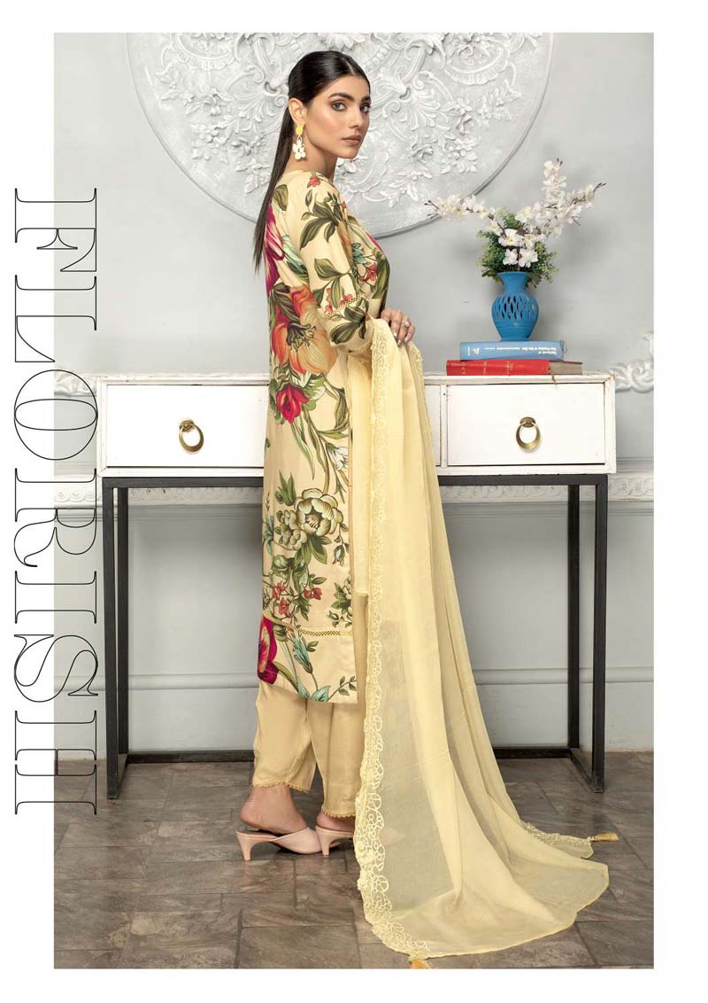 Bahar Floral Linen Suit With Embroidered Chiffon Dupatta BF04 - Desi Posh