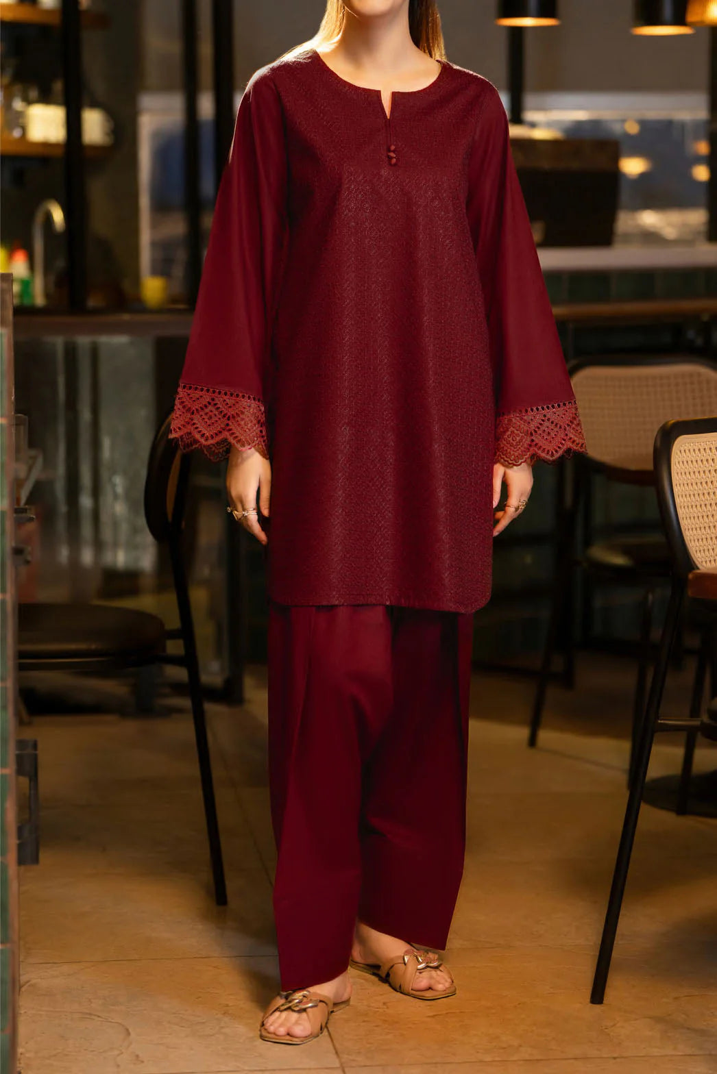Back to the 70`s Wine Drizzle 2pc Farshi Salwar Embroidered Suit