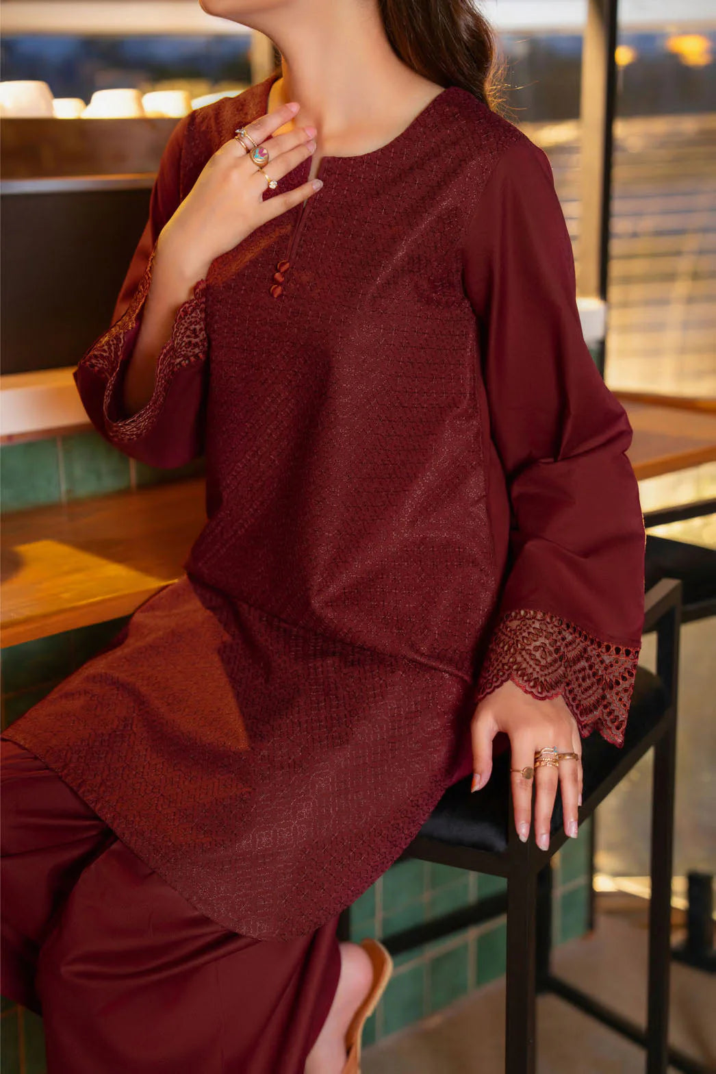 Back to the 70`s Wine Drizzle 2pc Farshi Salwar Embroidered Suit