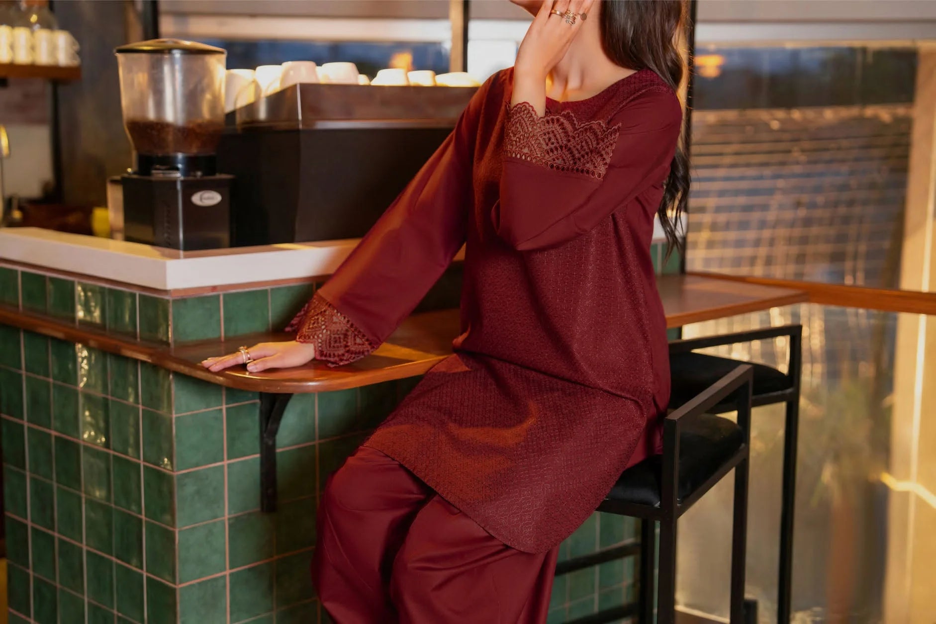 Back to the 70`s Wine Drizzle 2pc Farshi Salwar Embroidered Suit
