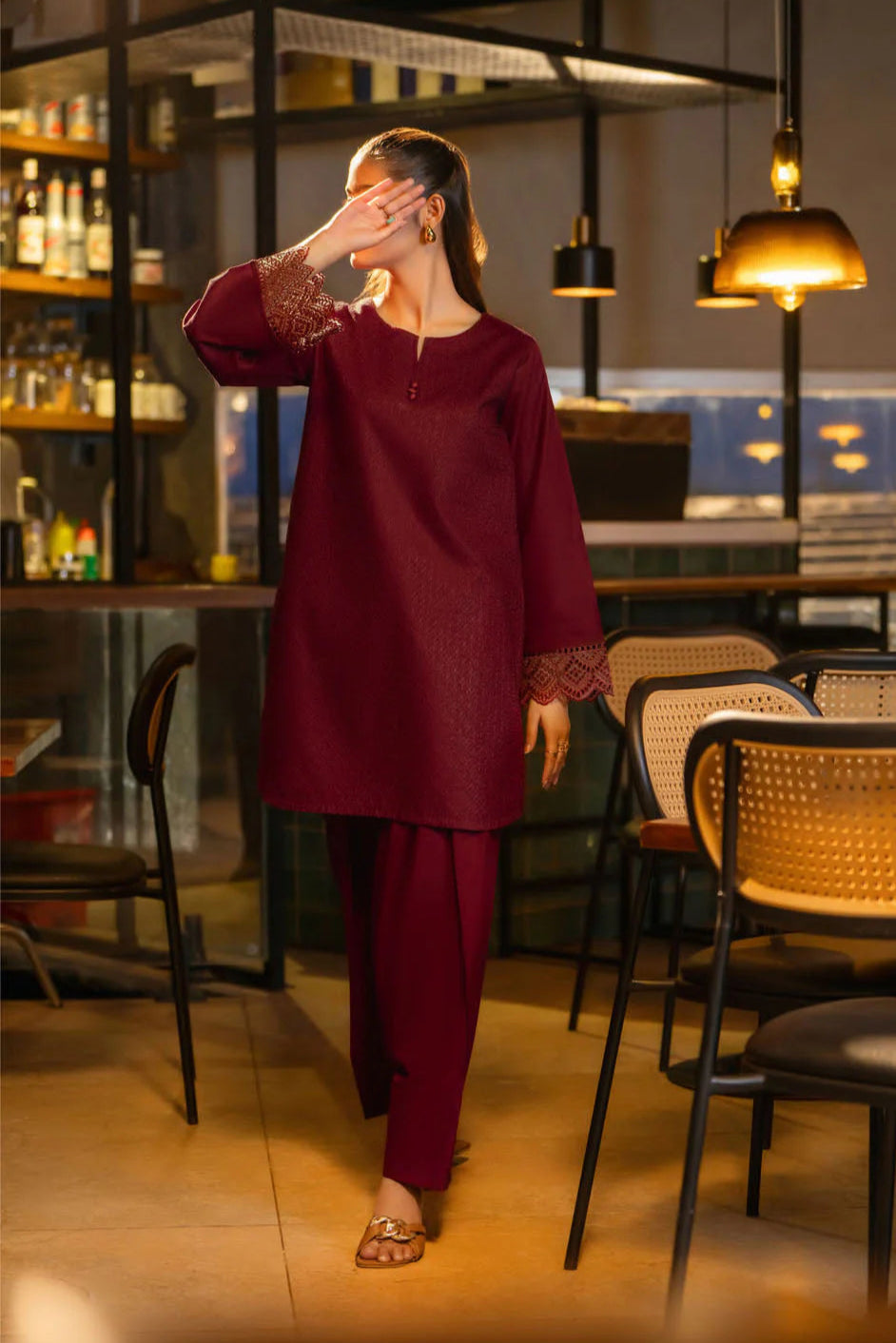 Back to the 70`s Wine Drizzle 2pc Farshi Salwar Embroidered Suit