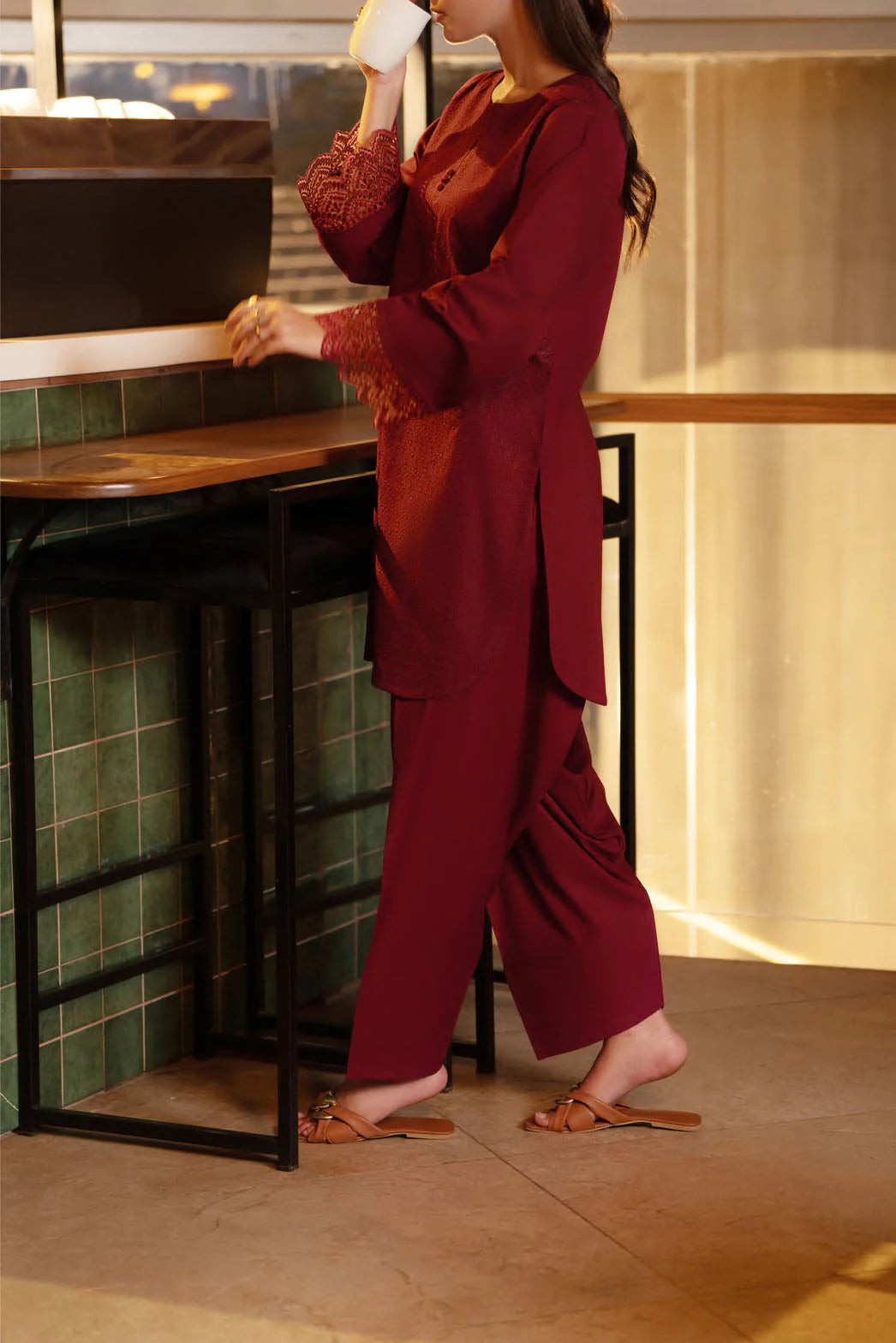Back to the 70`s Wine Drizzle 2pc Farshi Salwar Embroidered Suit