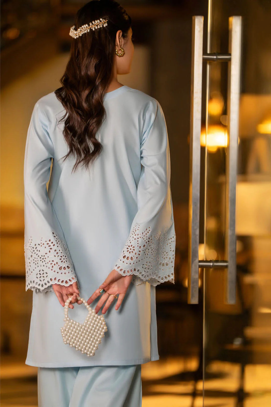 Back to the 70`s Sky Sapphire 2pc Embroidered Suit - Desi Posh