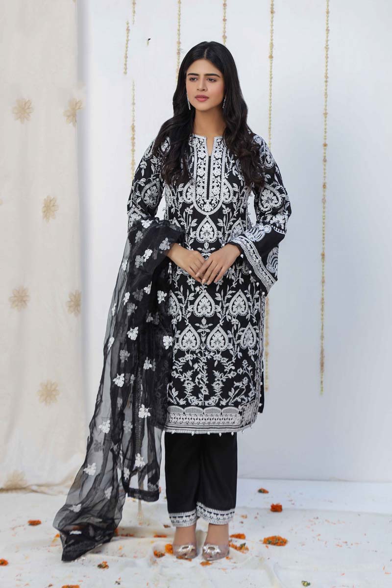Stunning Black Beauty Embroidered 3 Piece Eid Outfit With Net Dupatta - Desi Posh
