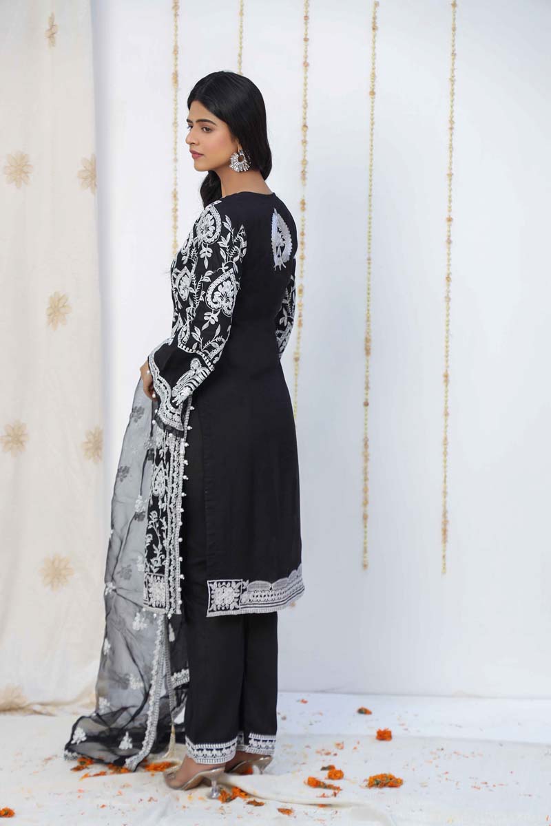 Stunning Black Beauty Embroidered 3 Piece Eid Outfit With Net Dupatta - Desi Posh