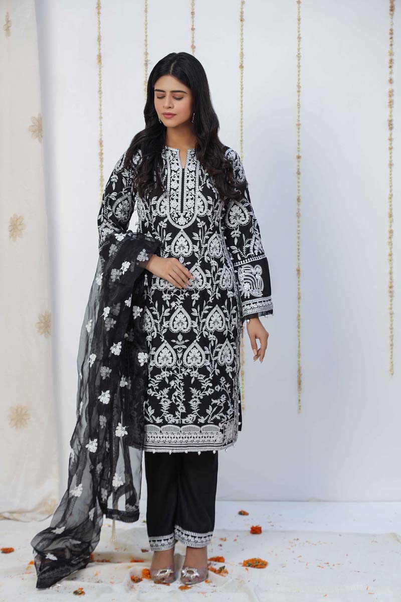 Stunning Black Beauty Embroidered 3 Piece Eid Outfit With Net Dupatta - Desi Posh