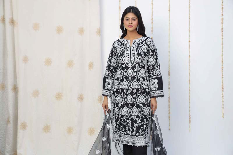 Stunning Black Beauty Embroidered 3 Piece Eid Outfit With Net Dupatta - Desi Posh