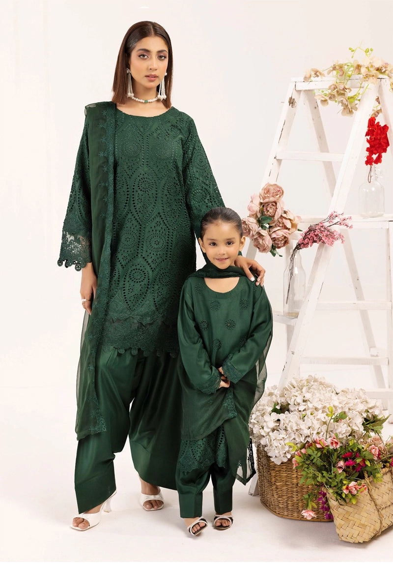 Image Chikan Kari Mummy & Me Kids Farshi Salwar Eid Outfit Green