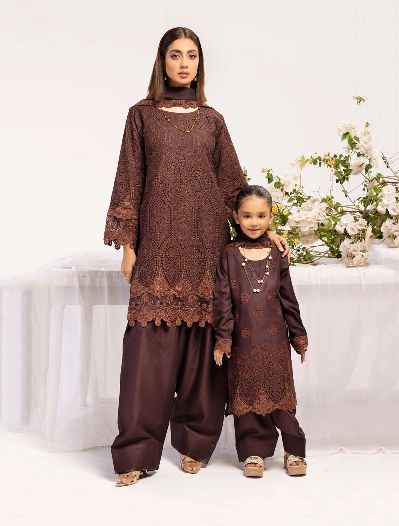 Image Chikan Kari Mummy & Me Ladies Farshi Salwar Eid Outfit Brown
