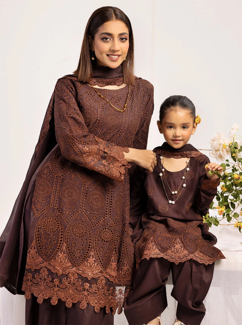Image Chikan Kari Mummy & Me Kids Farshi Salwar Eid Outfit Brown