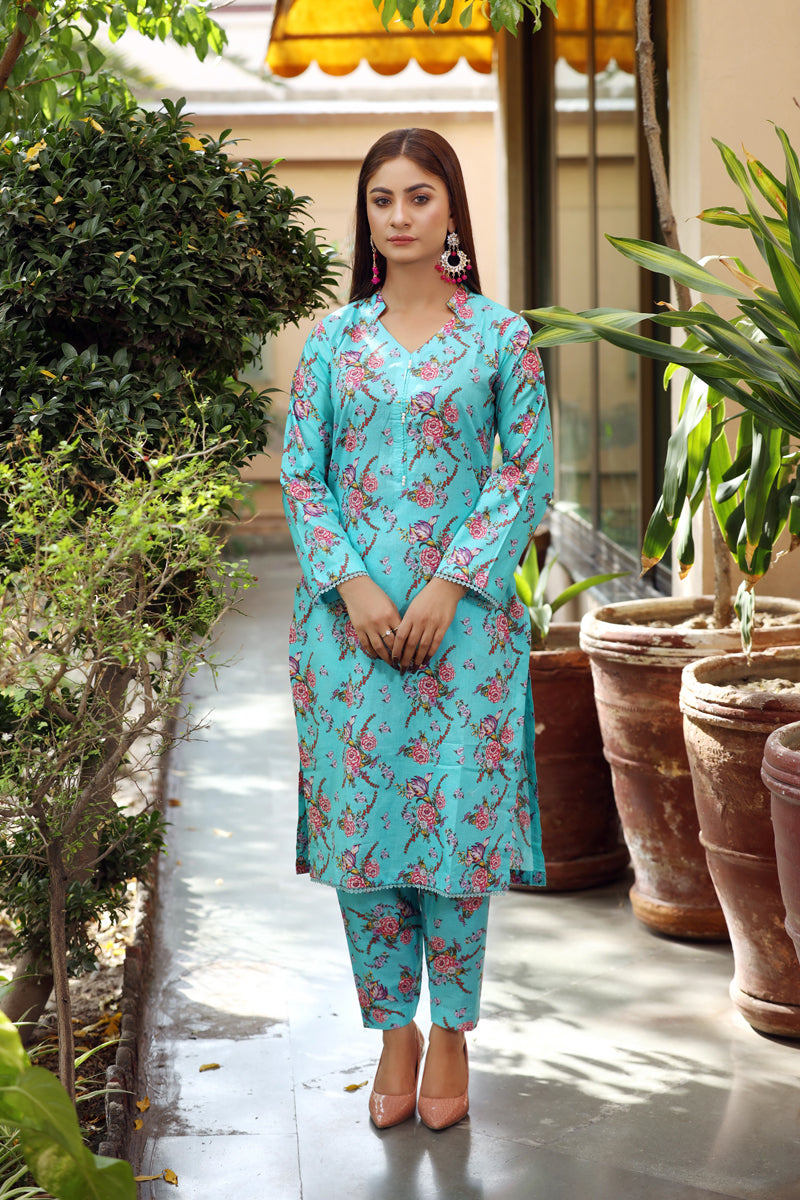 Flora Printed 2 Piece Lawn Co-ords Outfit Set D1 - Desi Posh
