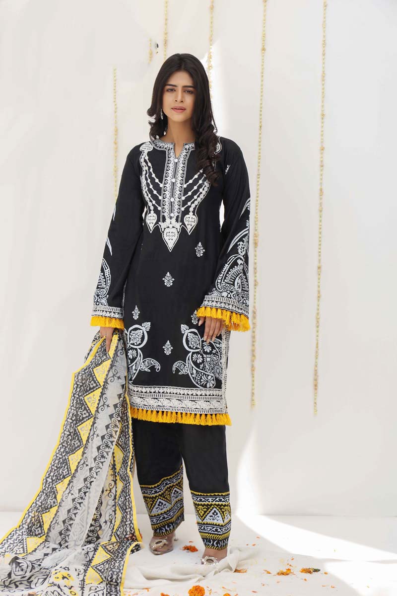 Stunning Black Embroidered 3 Piece Eid Outfit With Net Dupatta - Desi Posh