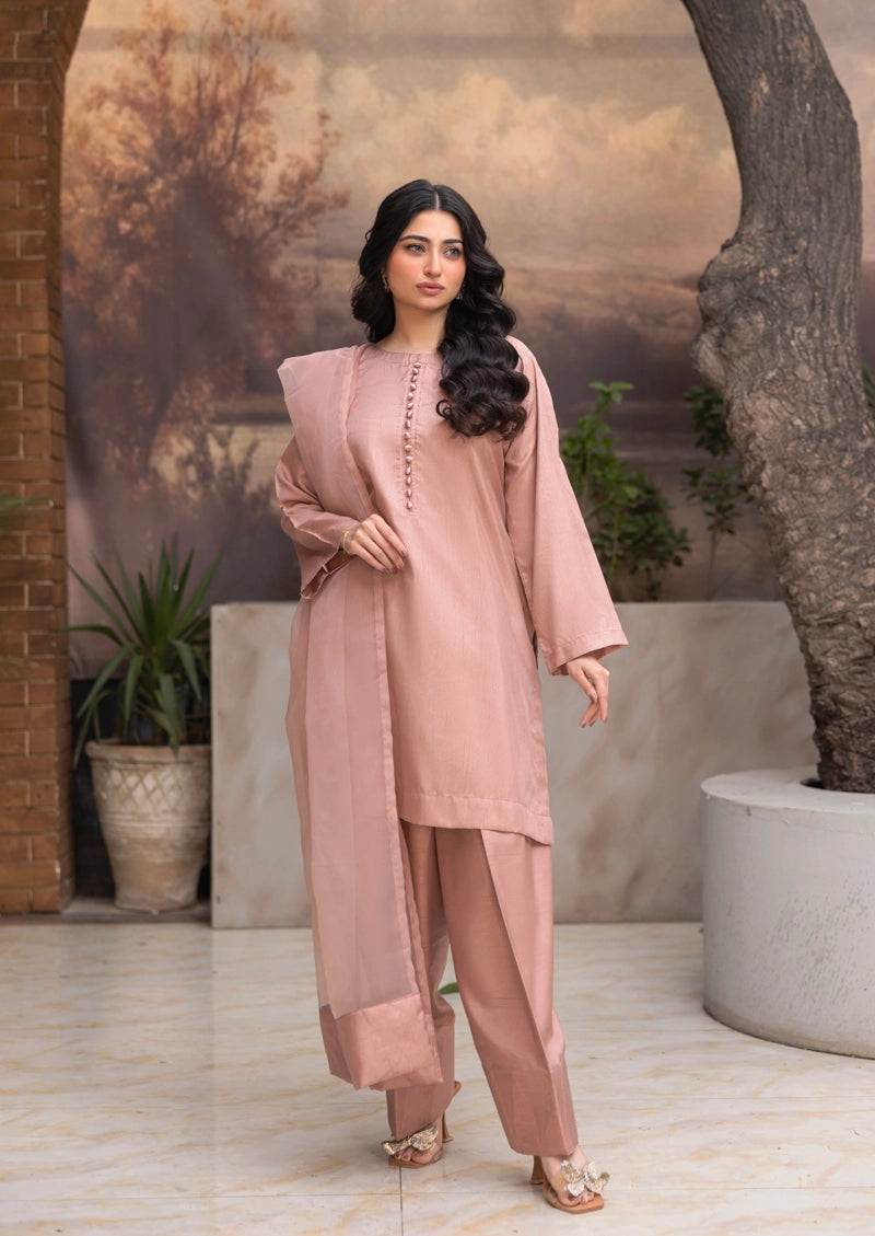 Firdous Eid Raw Silk Light Pink Suit With Farshi Salwar and Net Dupatta - Desi Posh