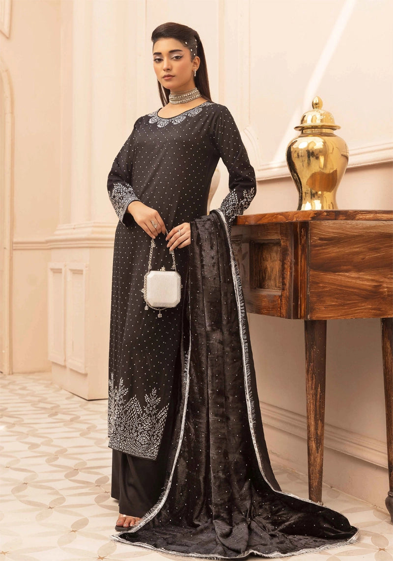 Glamour Dhanak Winter Collection 3 Piece Black Party Suit with Velvet Shawl