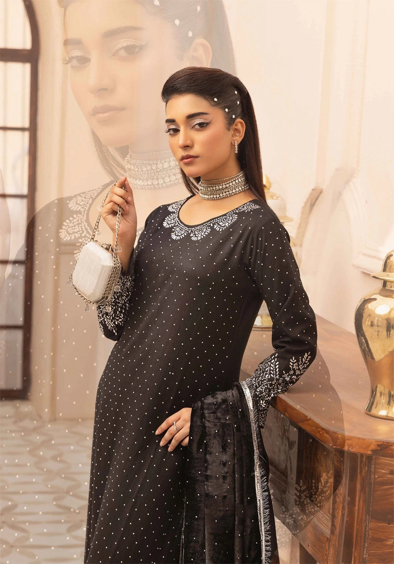 Glamour Dhanak Winter Collection 3 Piece Black Party Suit with Velvet Shawl