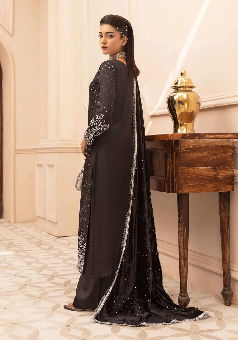 Glamour Dhanak Winter Collection 3 Piece Black Party Suit with Velvet Shawl