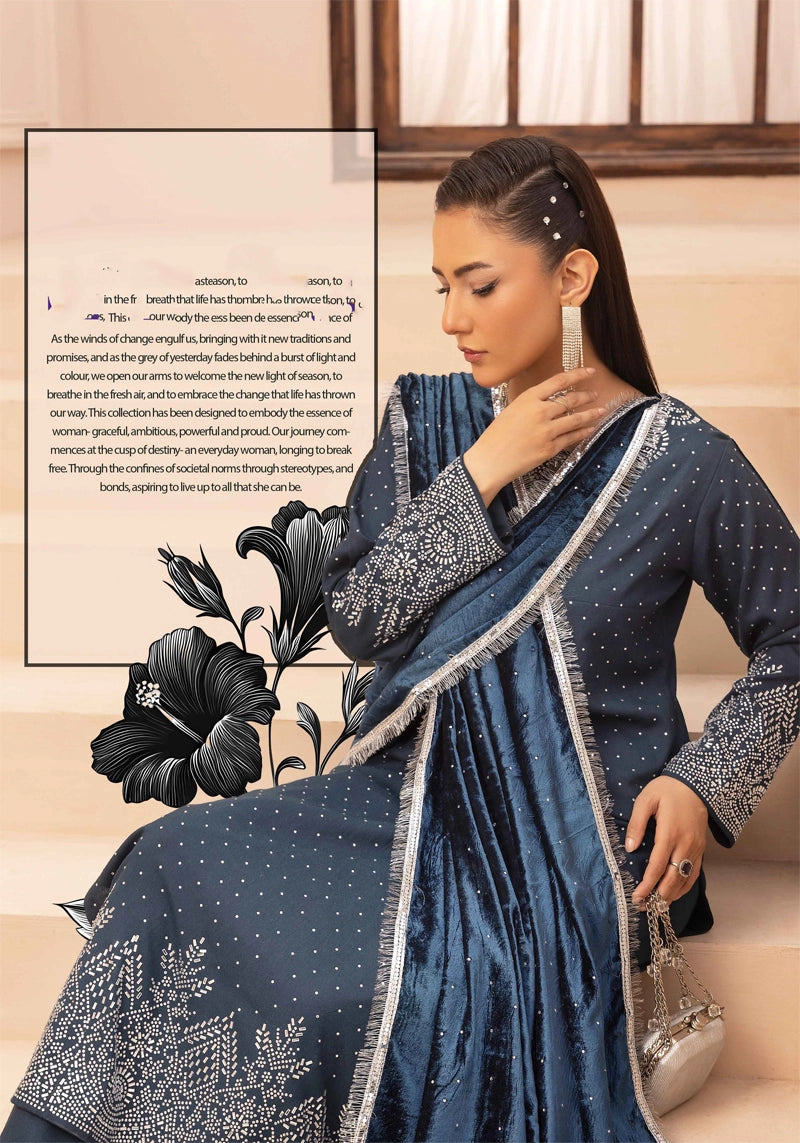 Glamour Dhanak Winter Collection 3 Piece Teal Party Suit with Velvet Shawl