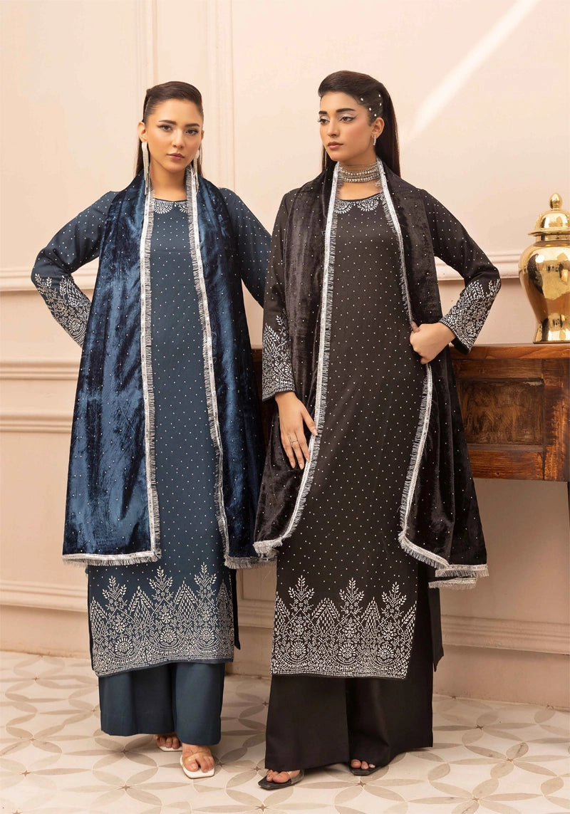 Glamour Dhanak Winter Collection 3 Piece Teal Party Suit with Velvet Shawl