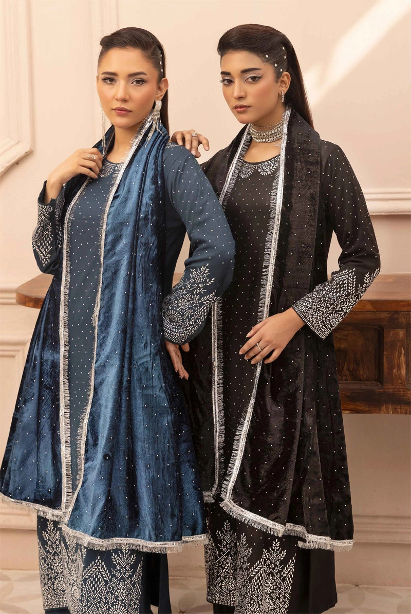 Glamour Dhanak Winter Collection 3 Piece Teal Party Suit with Velvet Shawl