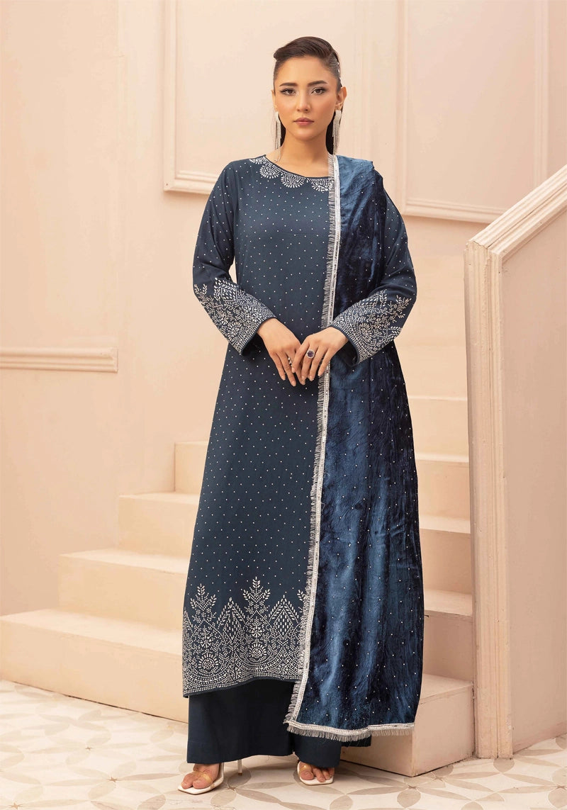 Glamour Dhanak Winter Collection 3 Piece Teal Party Suit with Velvet Shawl
