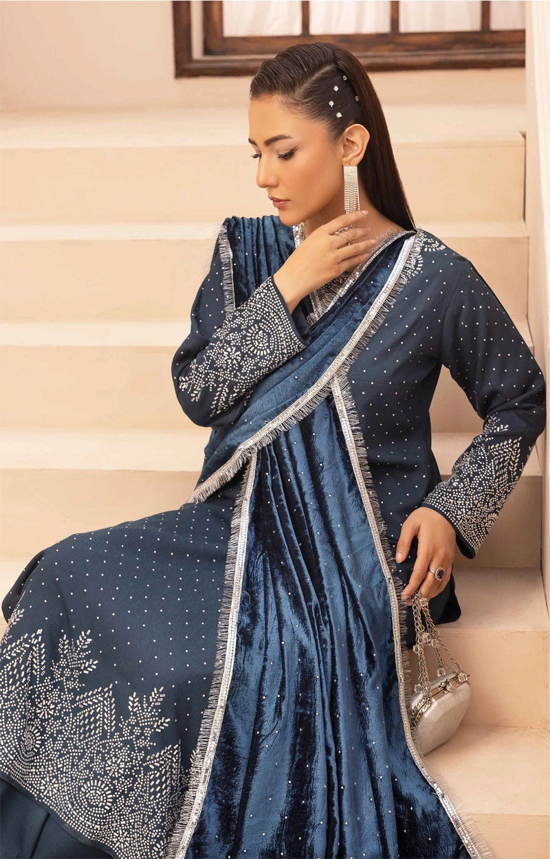 Glamour Dhanak Winter Collection 3 Piece Teal Party Suit with Velvet Shawl