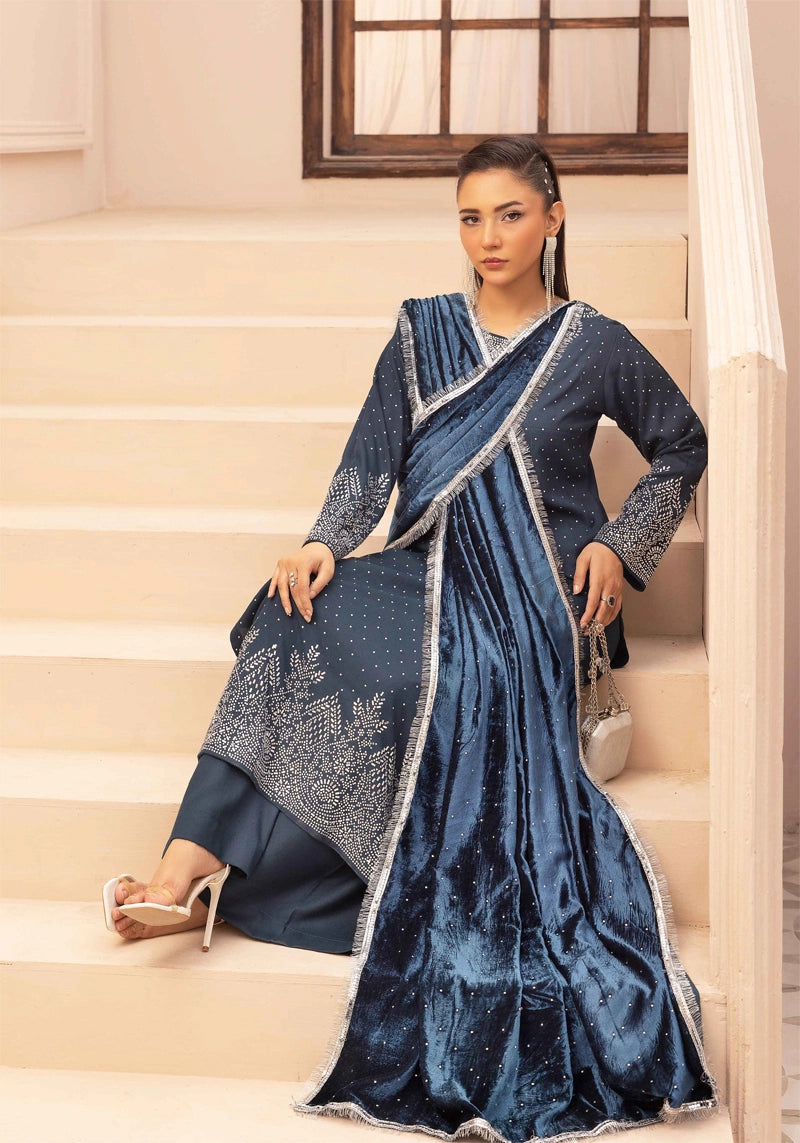 Glamour Dhanak Winter Collection 3 Piece Teal Party Suit with Velvet Shawl