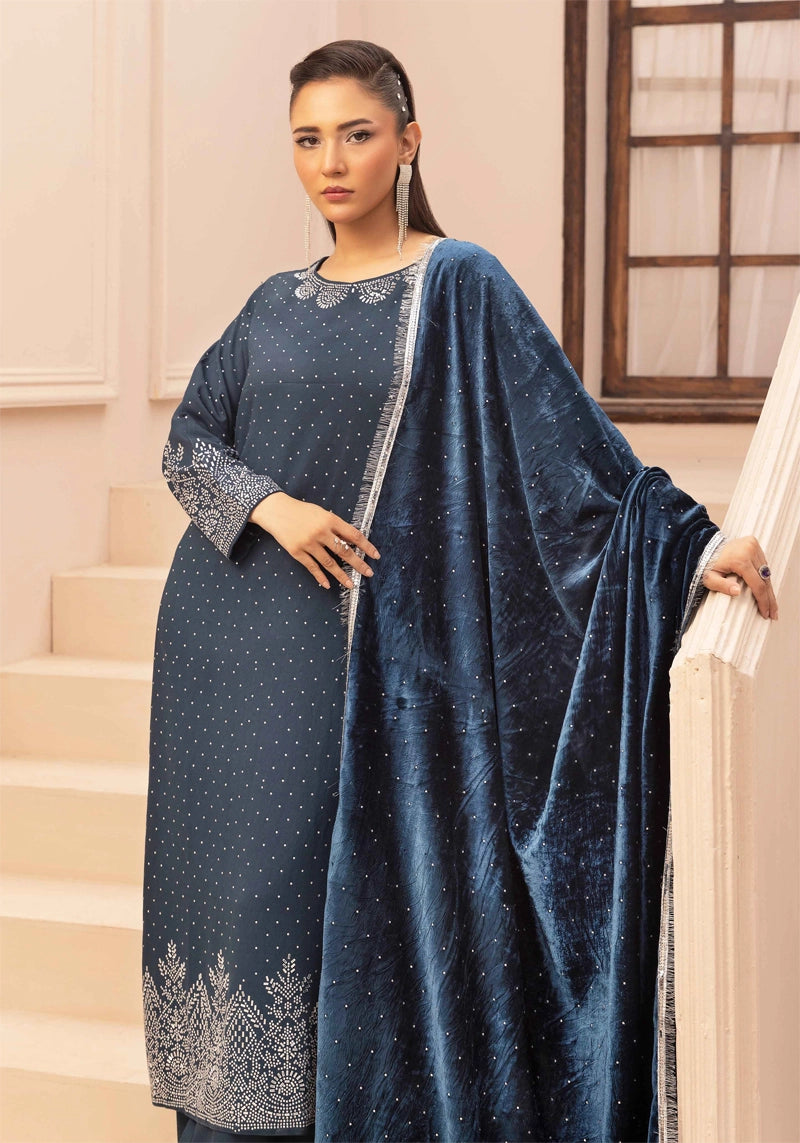 Glamour Dhanak Winter Collection 3 Piece Teal Party Suit with Velvet Shawl